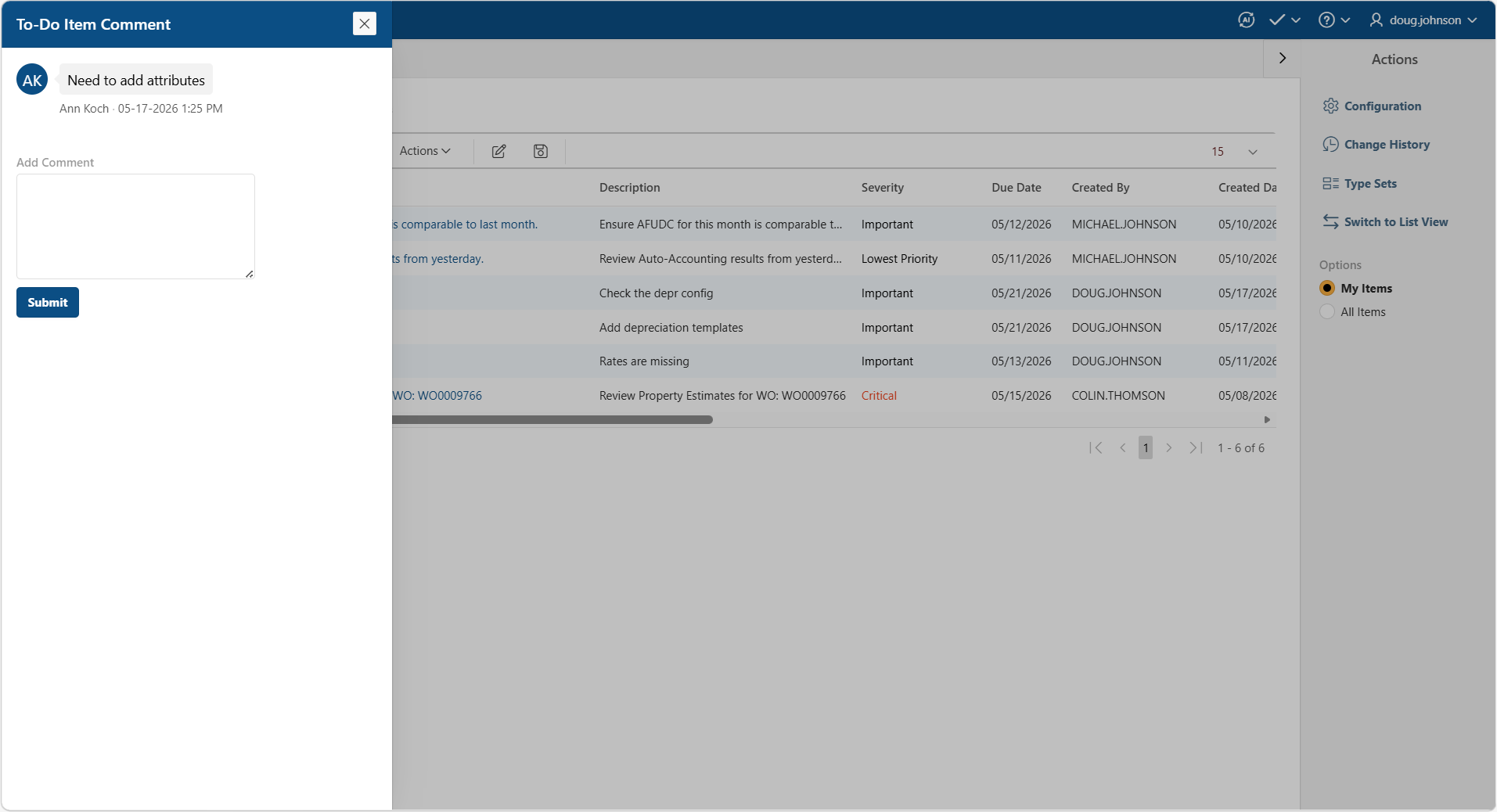 Arctek to-do list with item comment panel