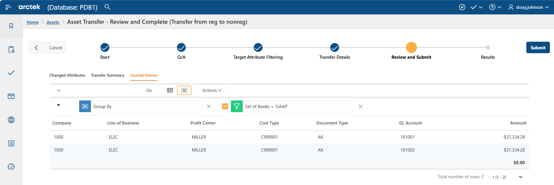 Arctek Asset Transfer wizard on the Review and Submit step, with the Journal Entries tab showing balancing GL postings